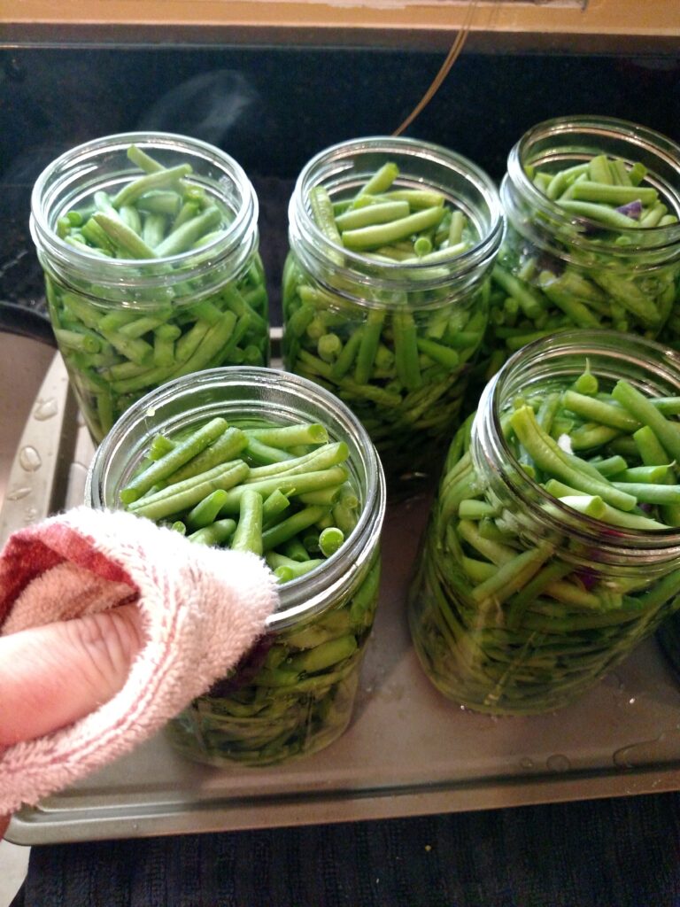wiping the mouth of the canning jar with a cloth so it is clean and will seal well.
