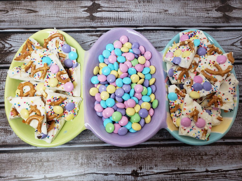 Easter Bunny Bark in pretty Easter dish