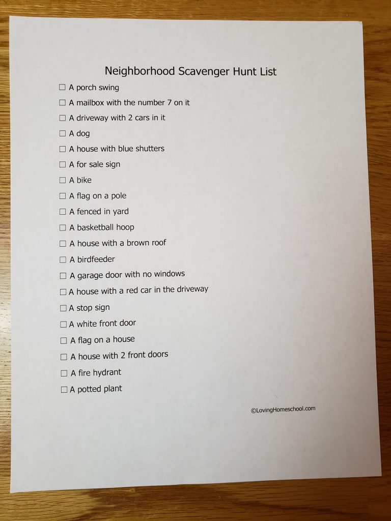 Neighborhood Scavenger Hunt word list