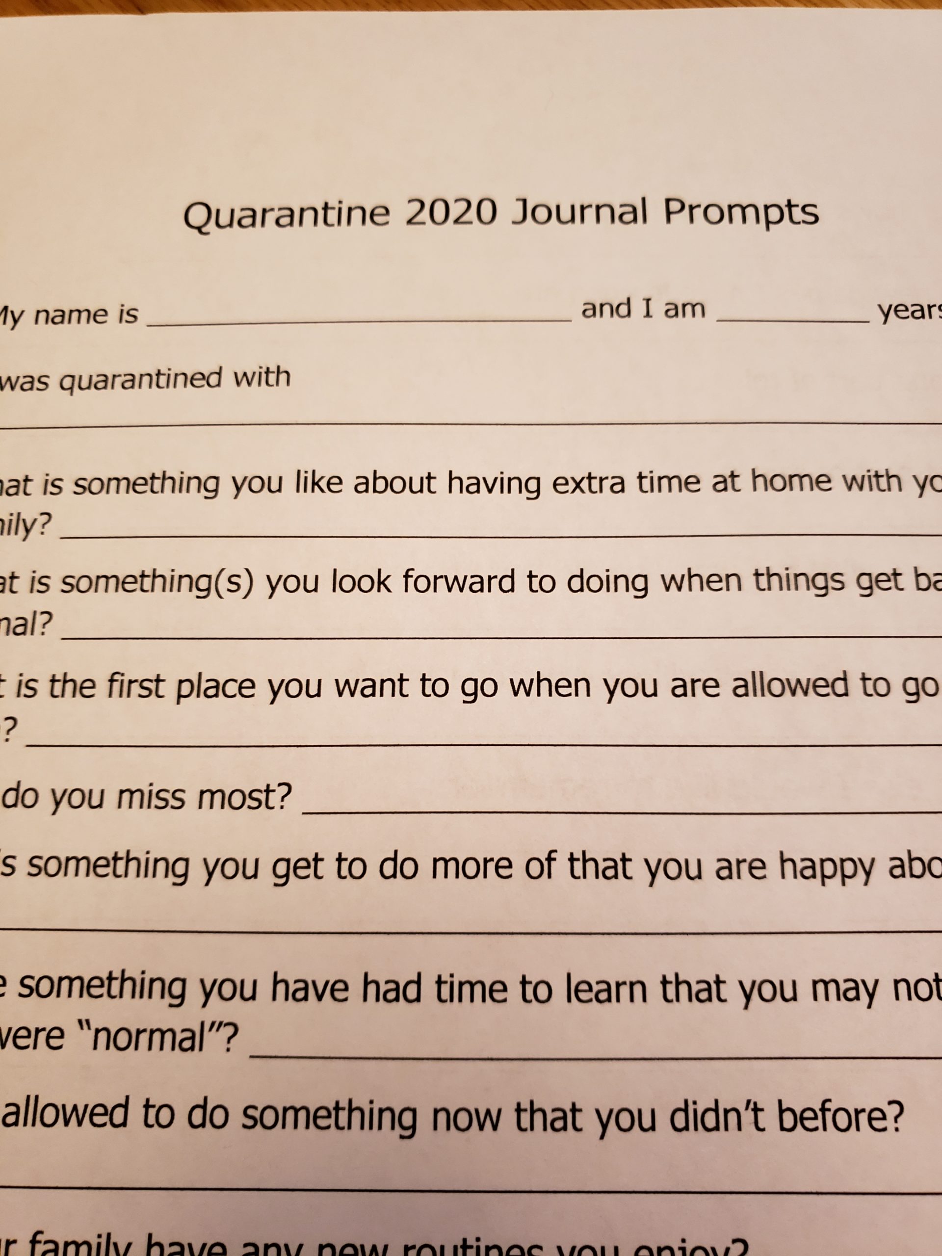 Quarantine Journal Prompts for Kids