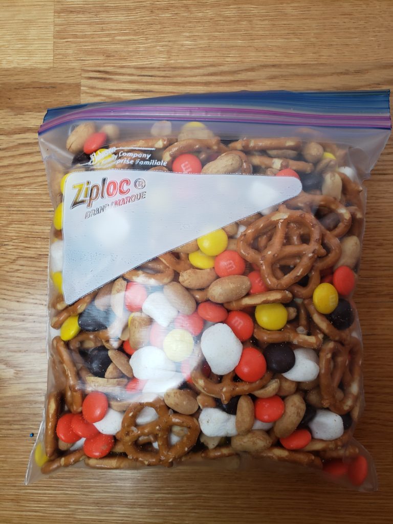 fall halloween trail mix in quart Ziploc bag