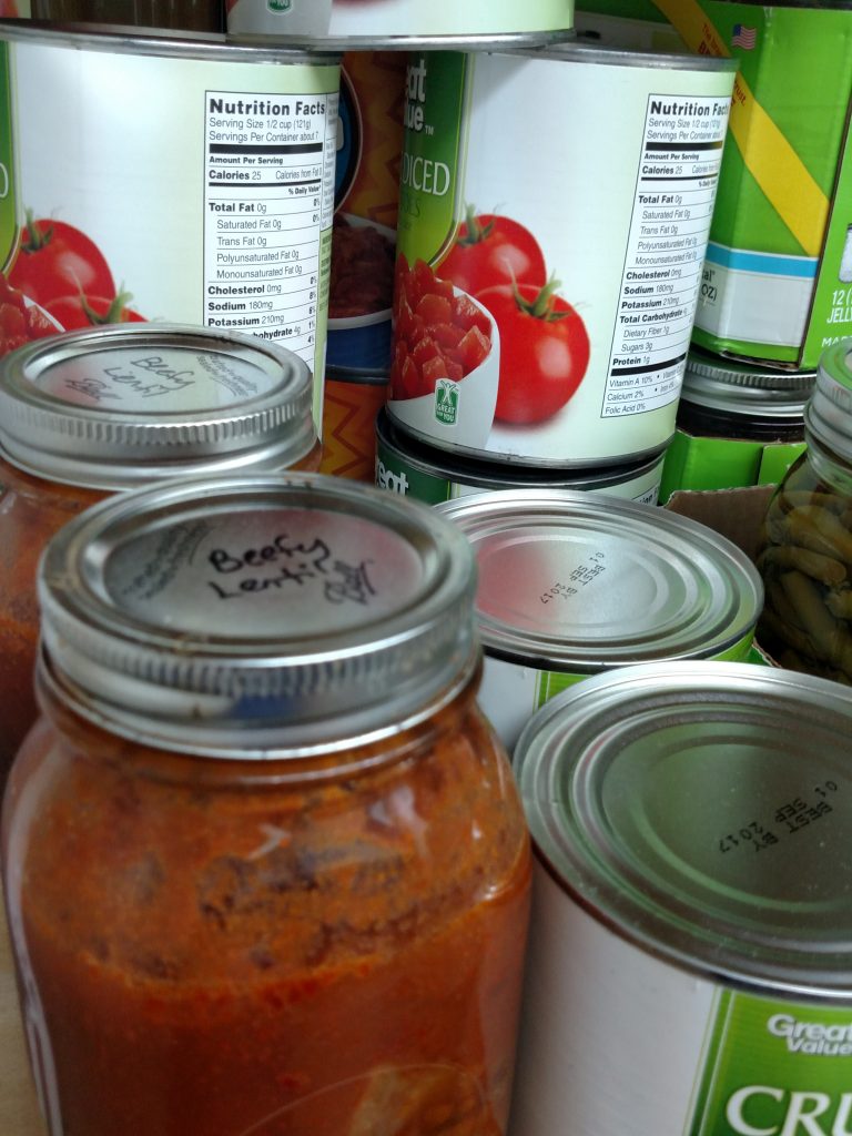 canned beefy lentil soup in the pantry