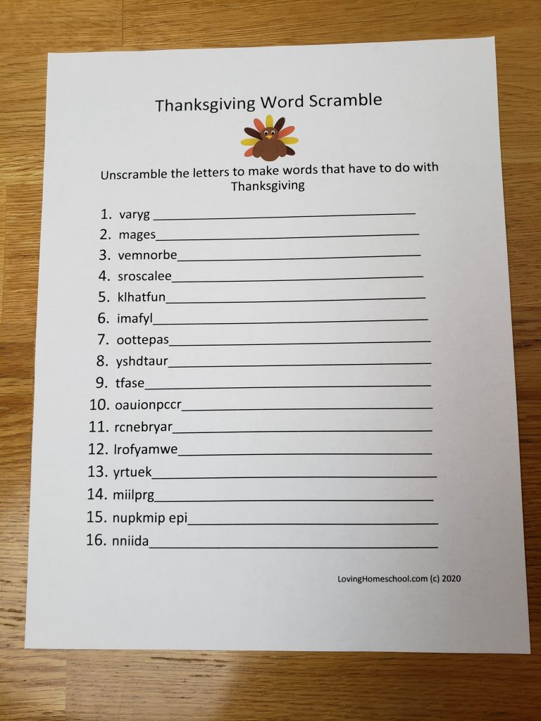 Thanksgiving Word Scramble for older kids