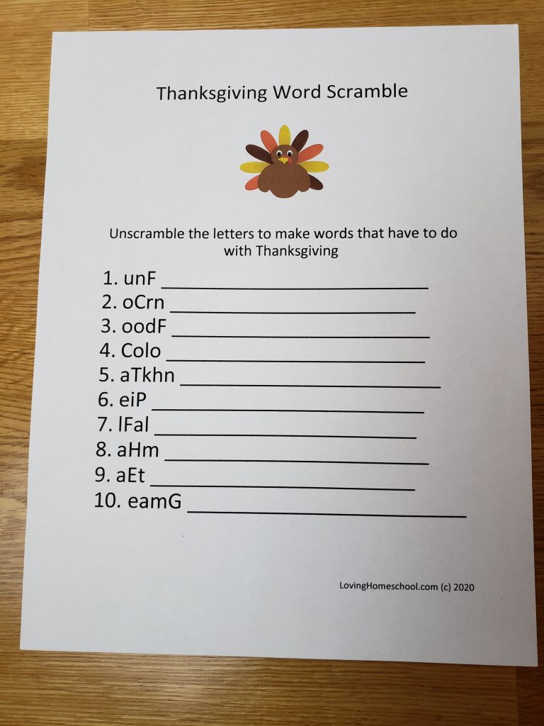 Thanksgiving Word Scramble for younger kids