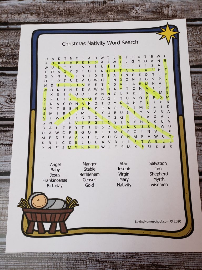 Christmas Nativity Word Search for older kids with answers highlighted