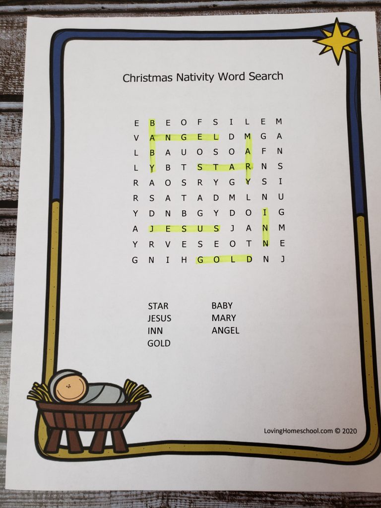 Christmas Nativity Word Search for younger kids with answers highlighted