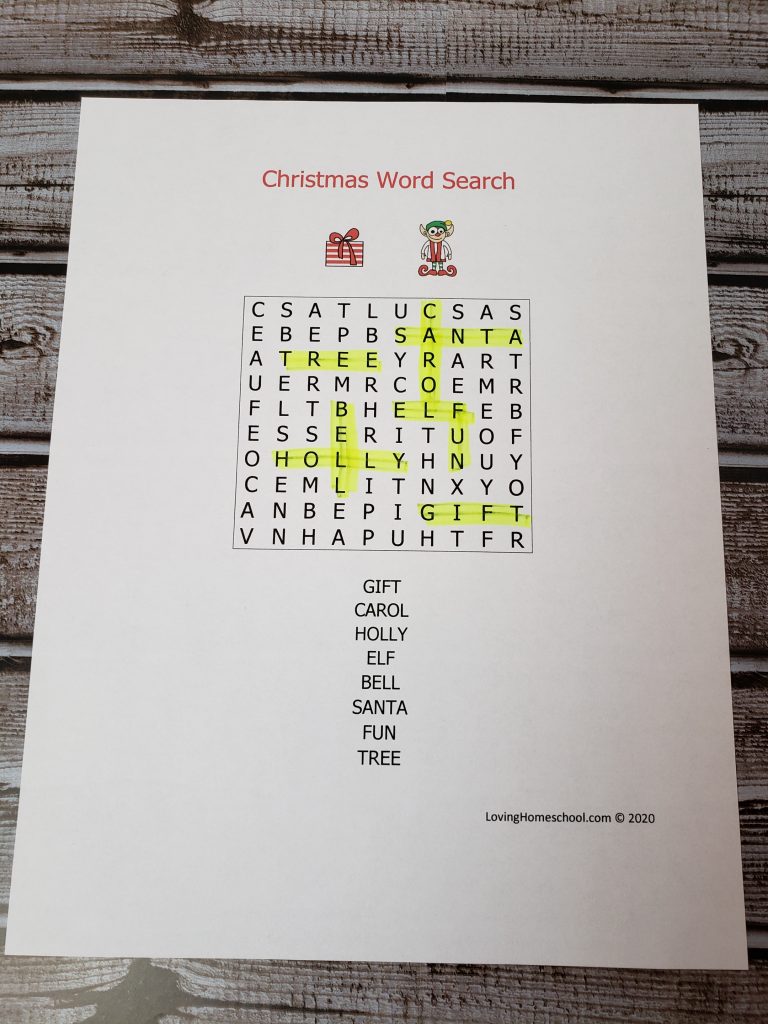 Christmas Word Search for younger kids with answers highlighted