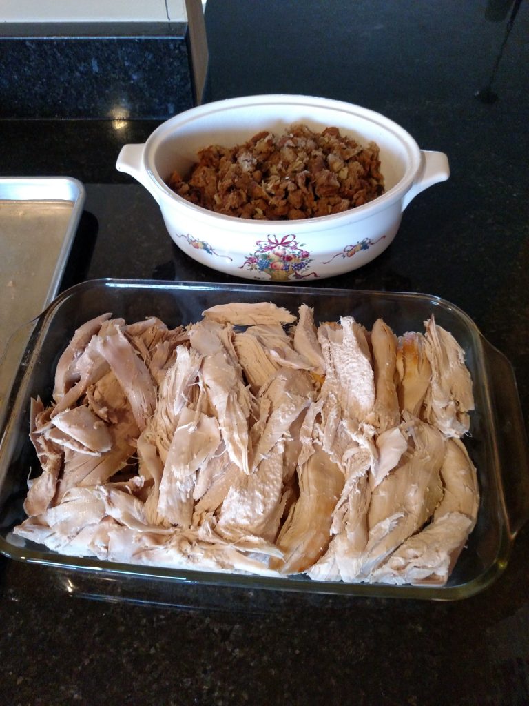 cut turkey meat in baking dish and stuffing