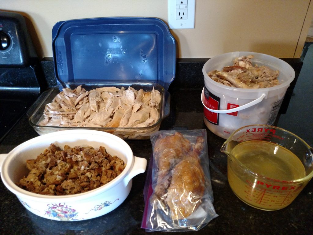 turkey all disassembled into pan of meat, stuffing, legs in Ziploc bag, broth in pyrex measuring cup and other parts in bucket to freeze for later.