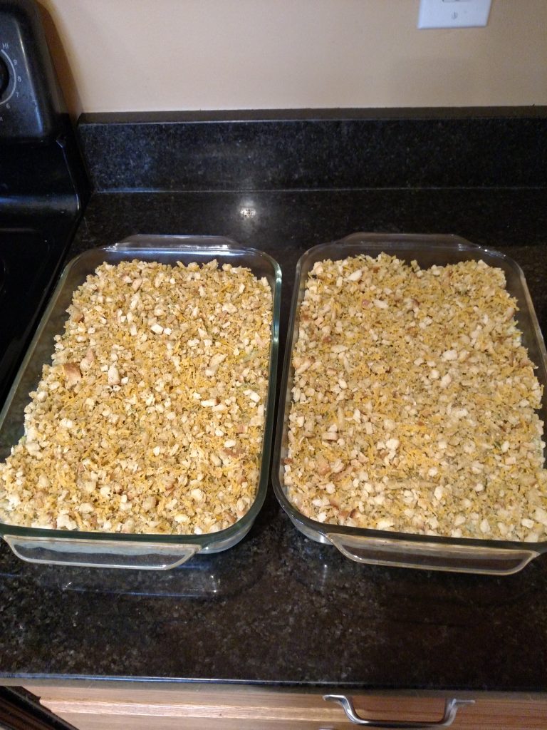 Broccoli Casserole in 2 pans ready to bake