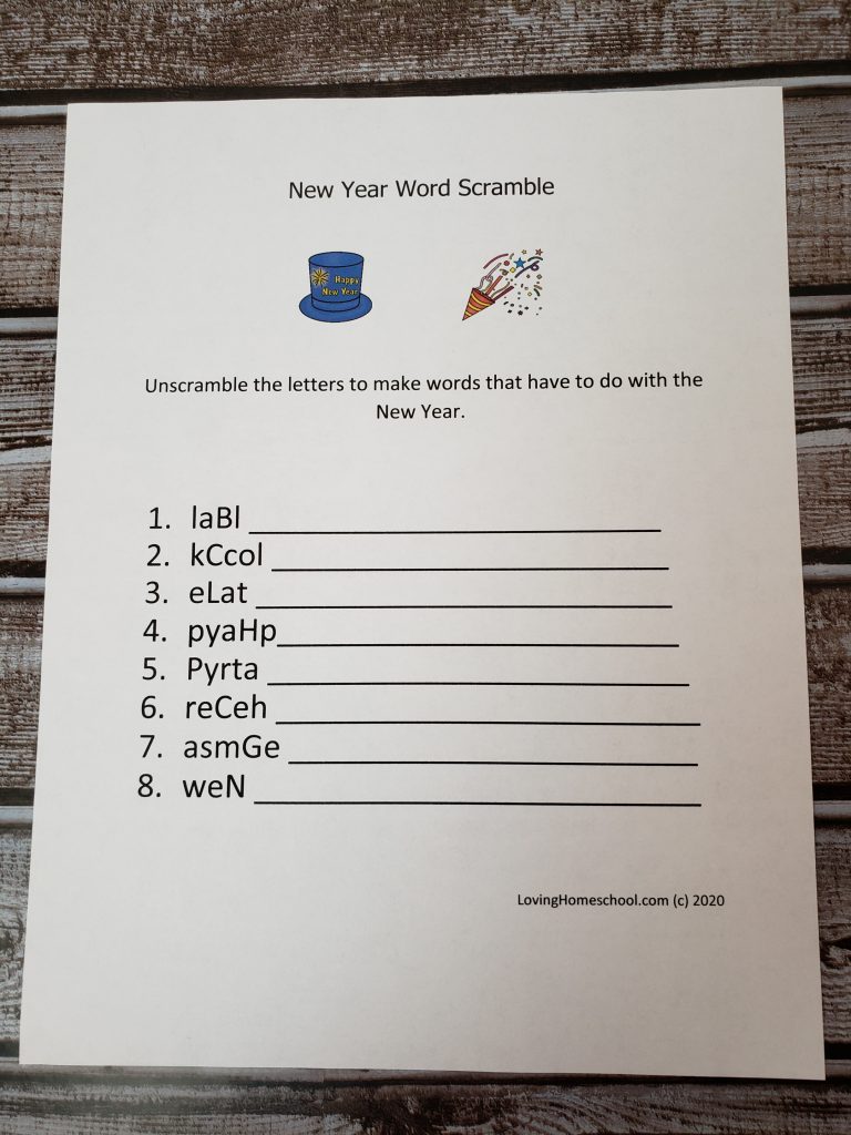 New Year Word Scramble for younger kids