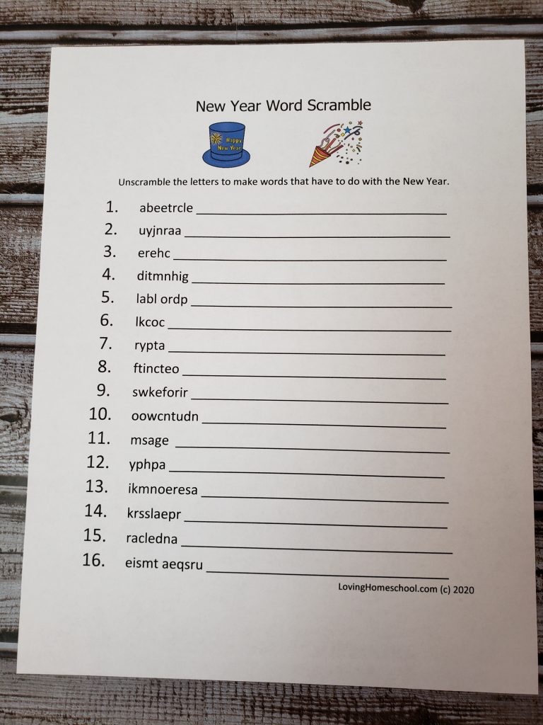 New Year Word Scramble for older kids