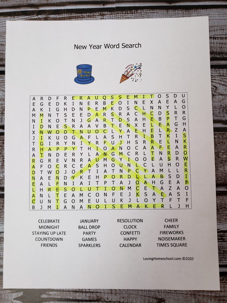 New Year Word Search for older kids with answers filled in