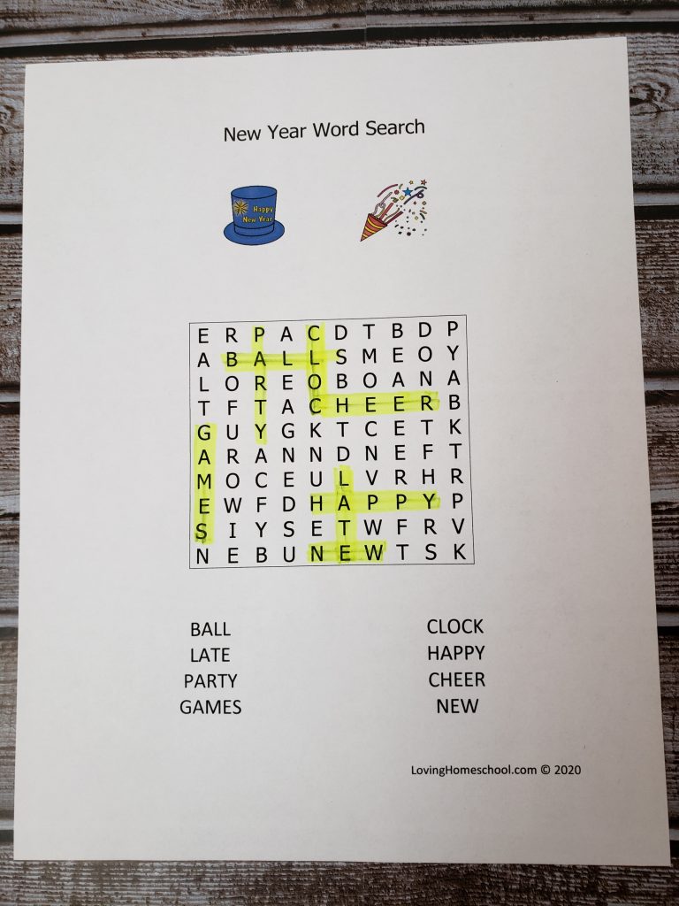 New Year Word Search for younger kids with answers filled in