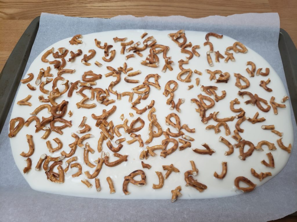 pretzels spread on melted bark