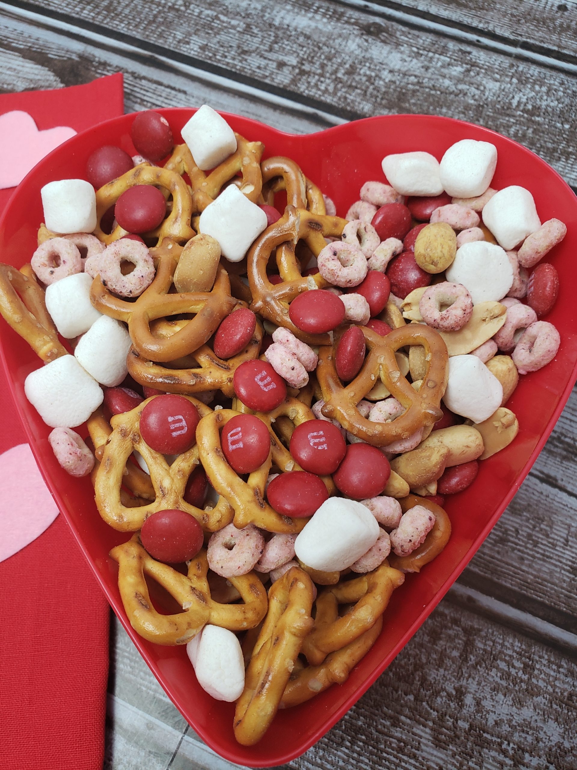 Valentine’s Day Trail Mix in red heart bowl