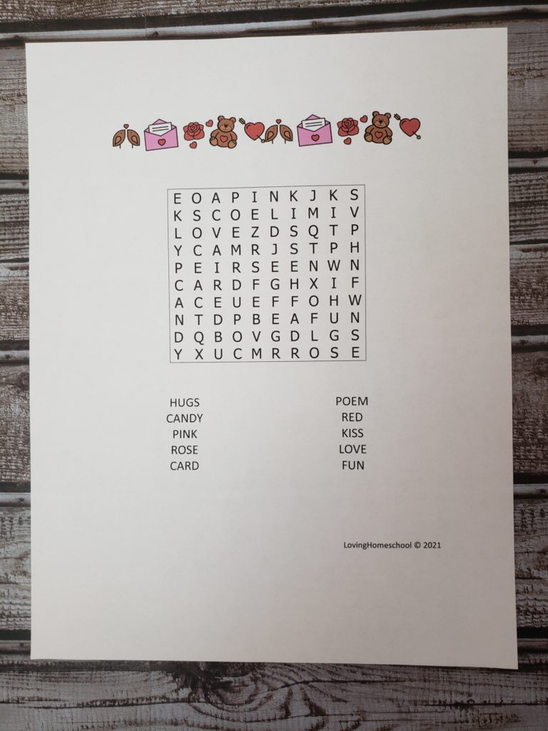 Valentine’s Day Word Search for younger kids