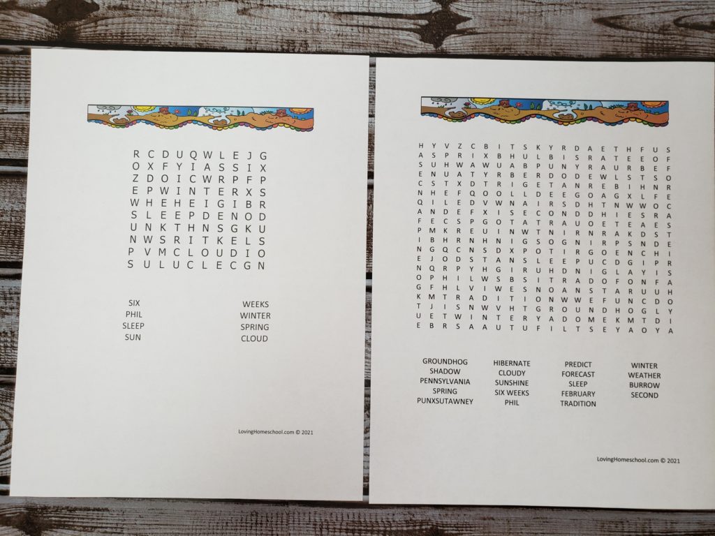 Groundhog Day Word Search in 2 levels shown side by side