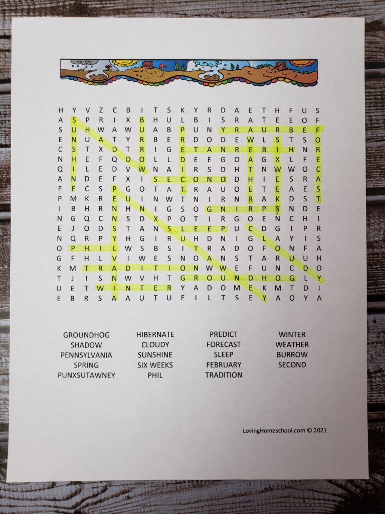 Groundhog Day Word Search for older kids with answers