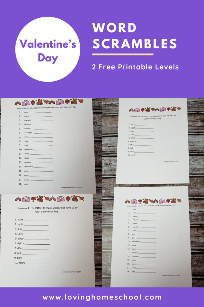 Valentine’s Day Word Scramble Pinterest pin