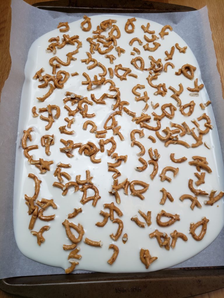 pretzels spread on melted bark