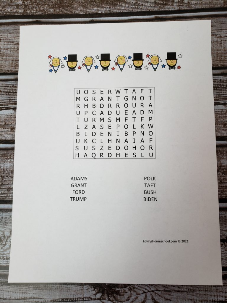 President’s Day Word Search for younger kids