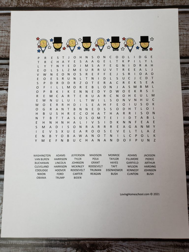 President’s Day Word Search for older kids