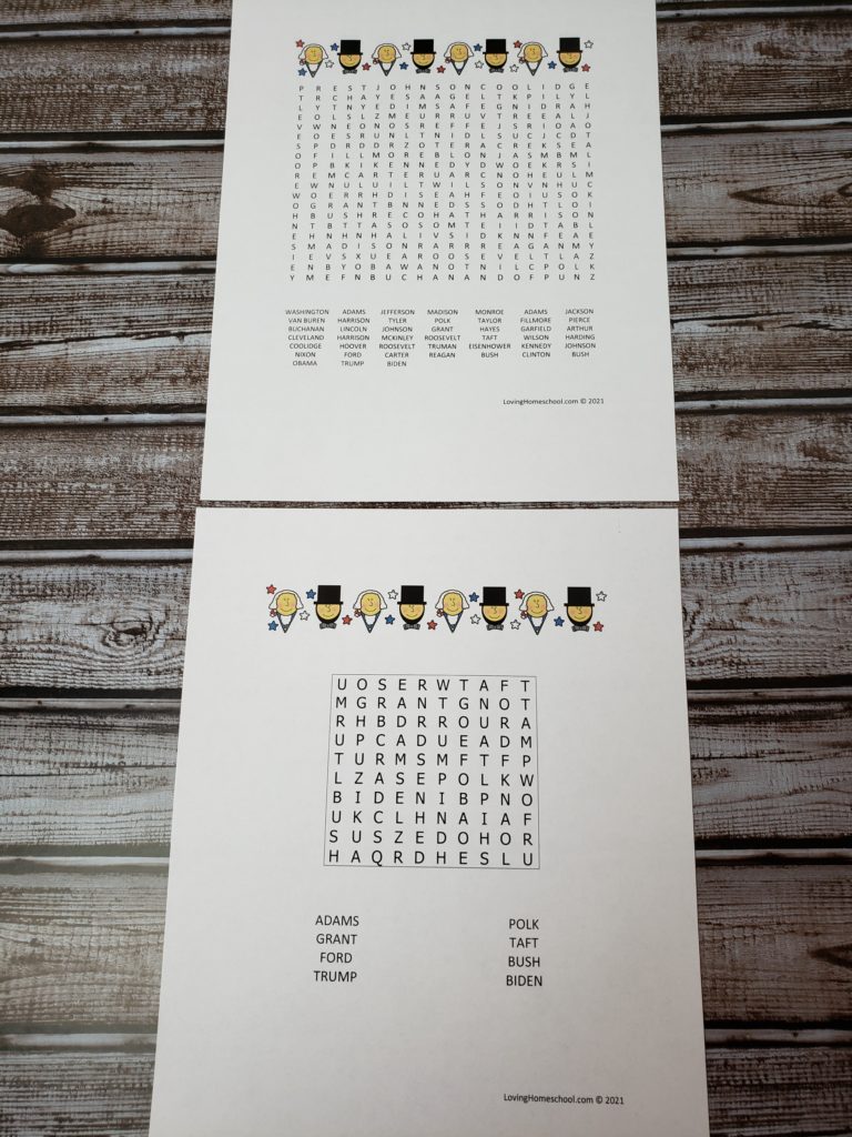 President’s Day Word Search in 2 levels