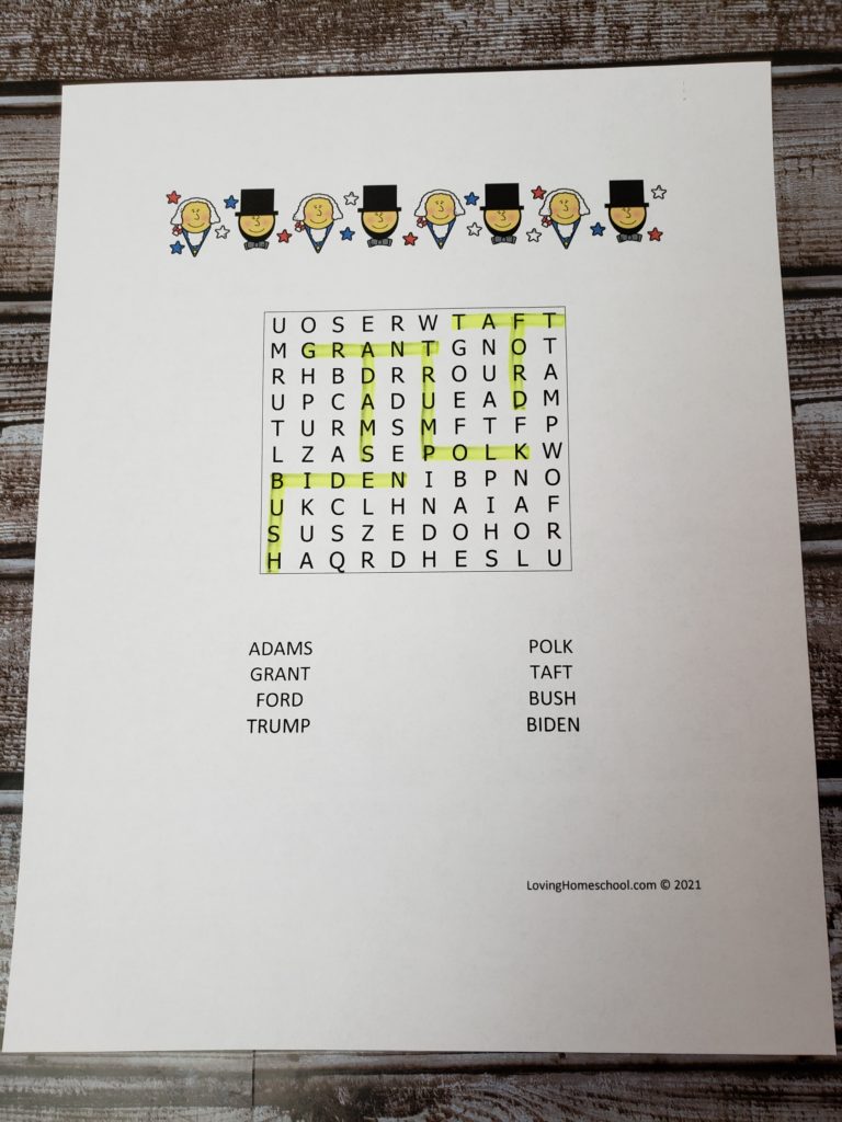 President’s Day Word Search for younger kids with answers highlighted