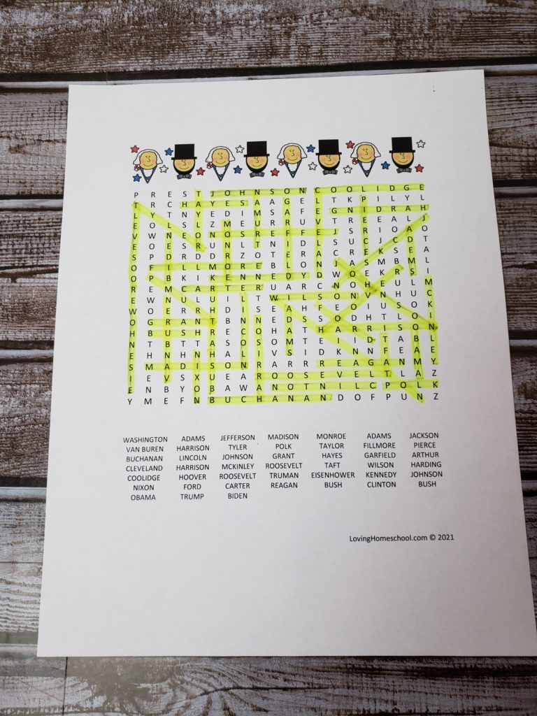 President’s Day Word Search for older kids with answers highlighted