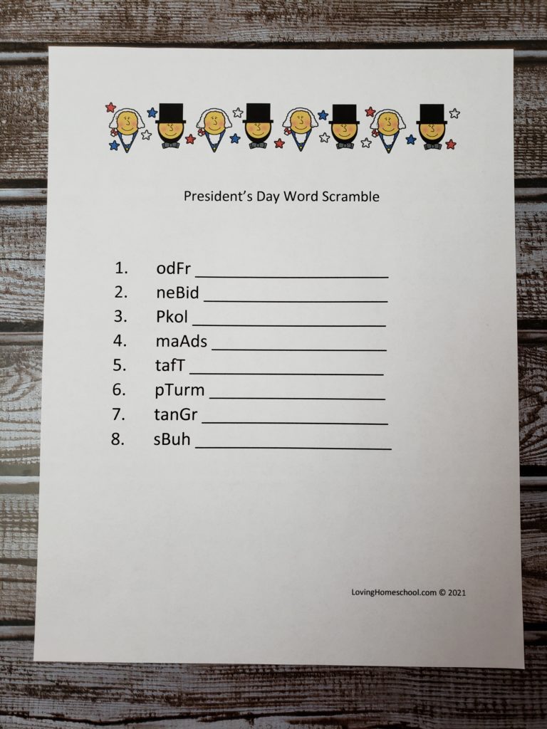 President’s Day Word Scramble for younger kids