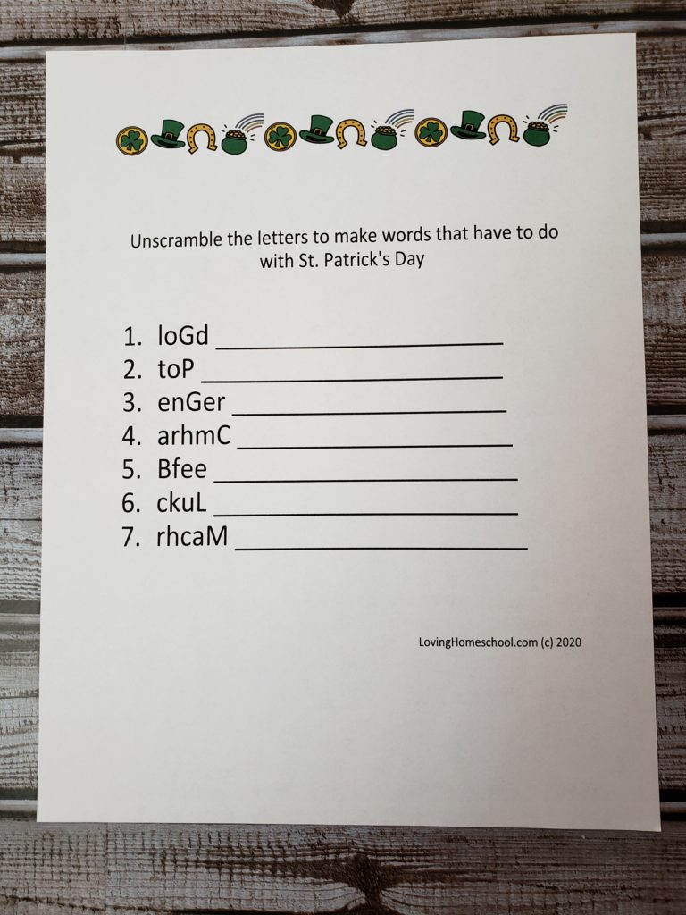 St. Patrick’s Day Word Scramble for younger kids