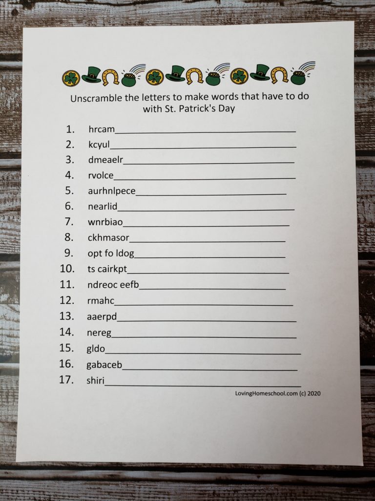 St. Patrick’s Day Word Scramble for older kids and adults