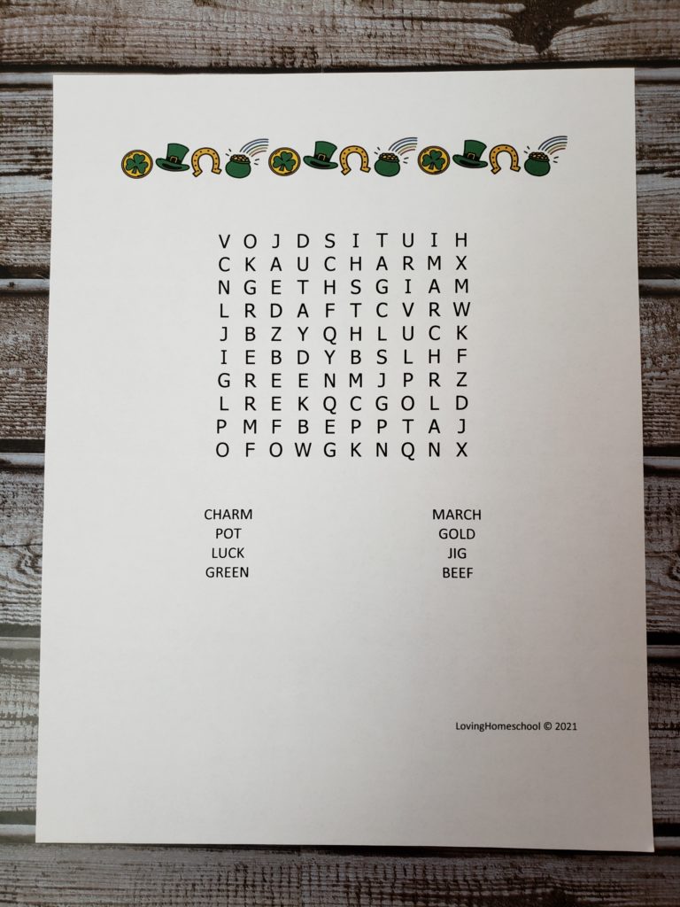 St. Patrick’s Day Word Search for younger kids