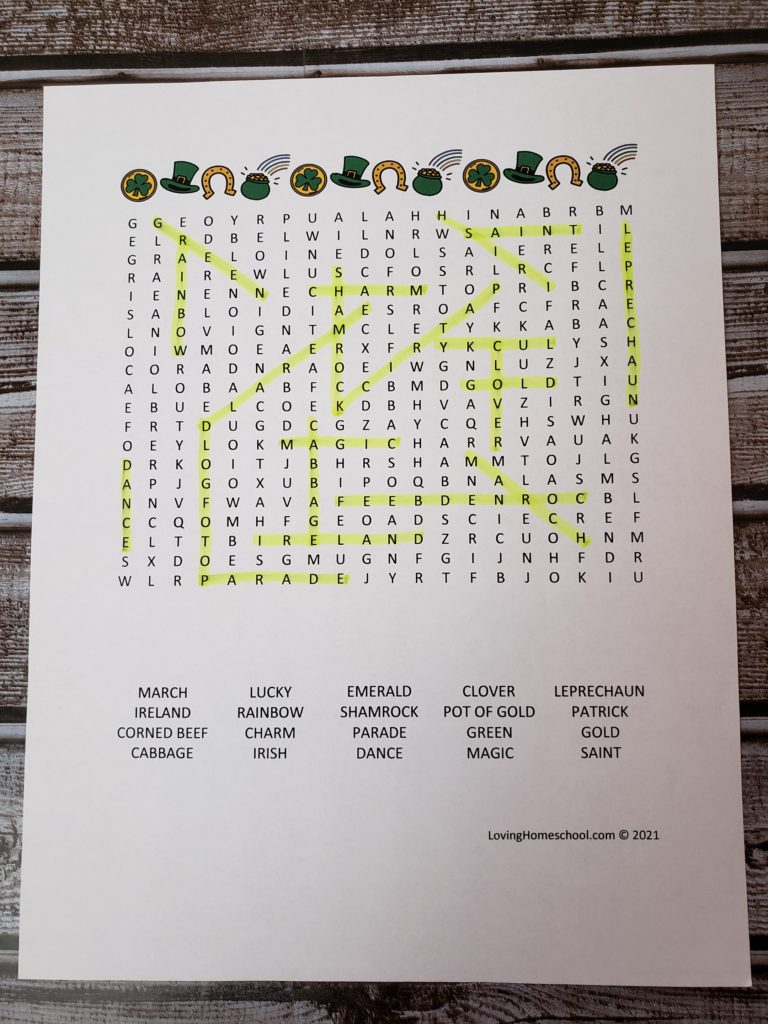 St. Patrick’s Day Word Search for older kids with answers highlighted