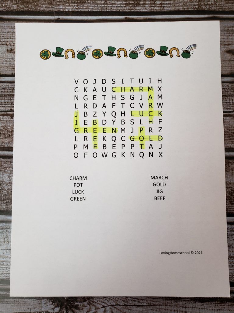 St. Patrick’s Day Word Search for younger kids with answers highlighted