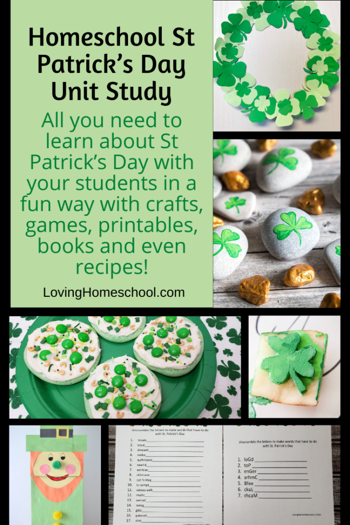 Homeschool St Patrick’s Day Unit Study Pinterest pin; various pictures from post