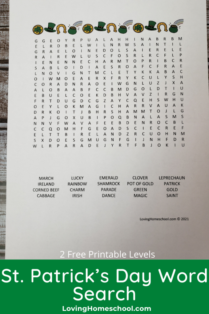 St. Patrick's Day Word Search pinterest pin