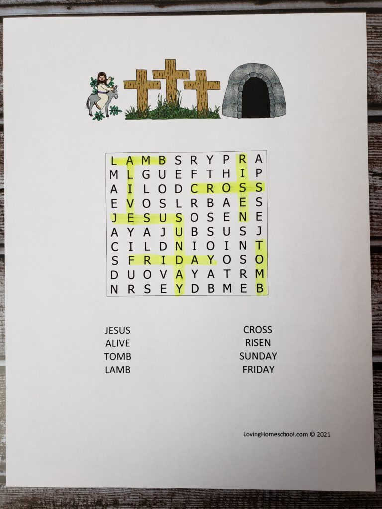 Christian Easter Word Search for younger kids with answers highlighted