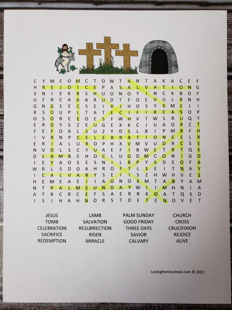 Christian Easter Word Search for older kids with answers highlighted