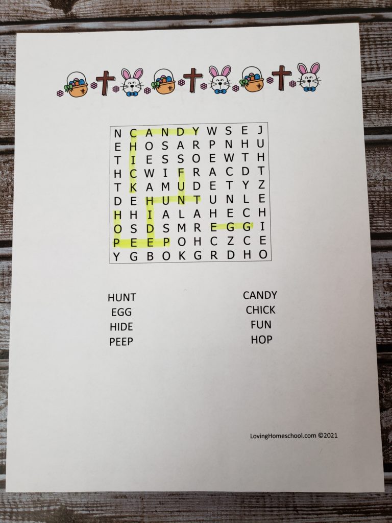 Easter Word Search for younger kids with answers highlighted