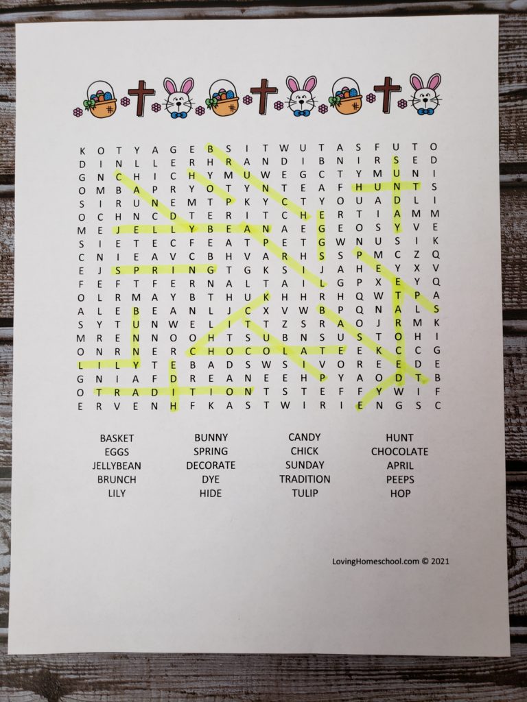 Easter Word Search for older kids with answers highlighted