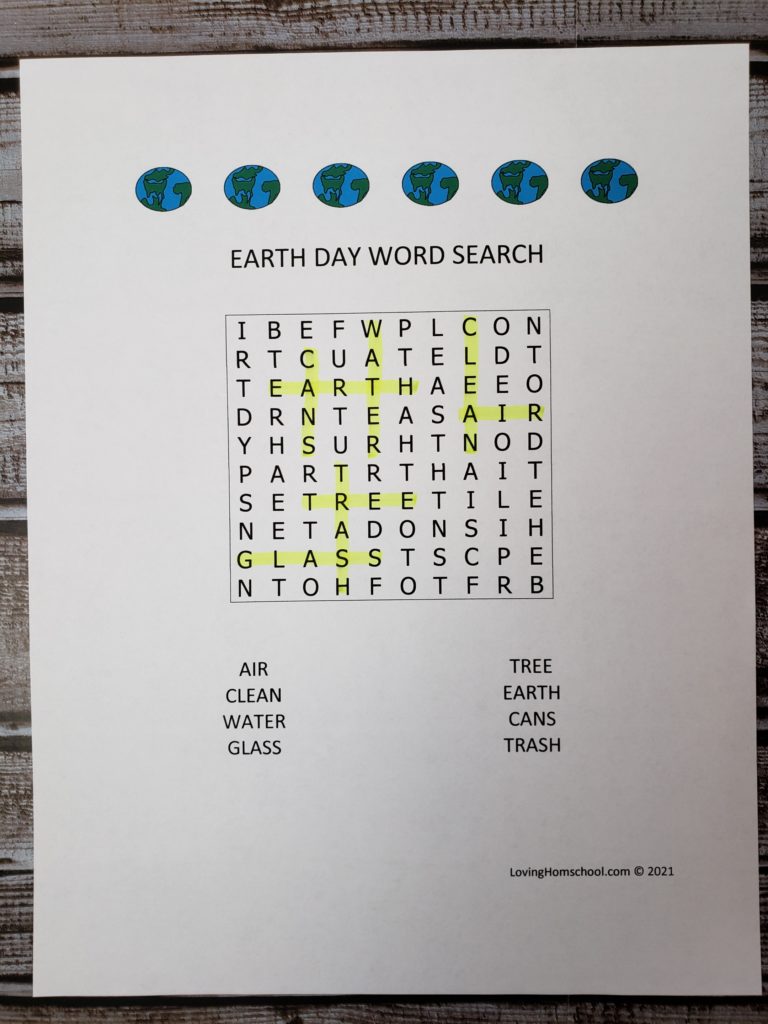 Earth Day Word Search for younger kids with answers