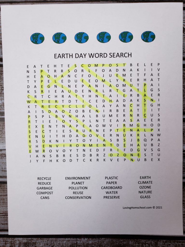 Earth Day Word Search for older kids with answers