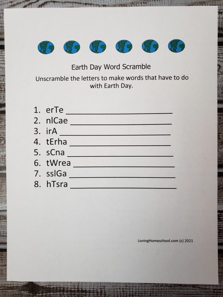 Earth Day Word Scramble for younger kids