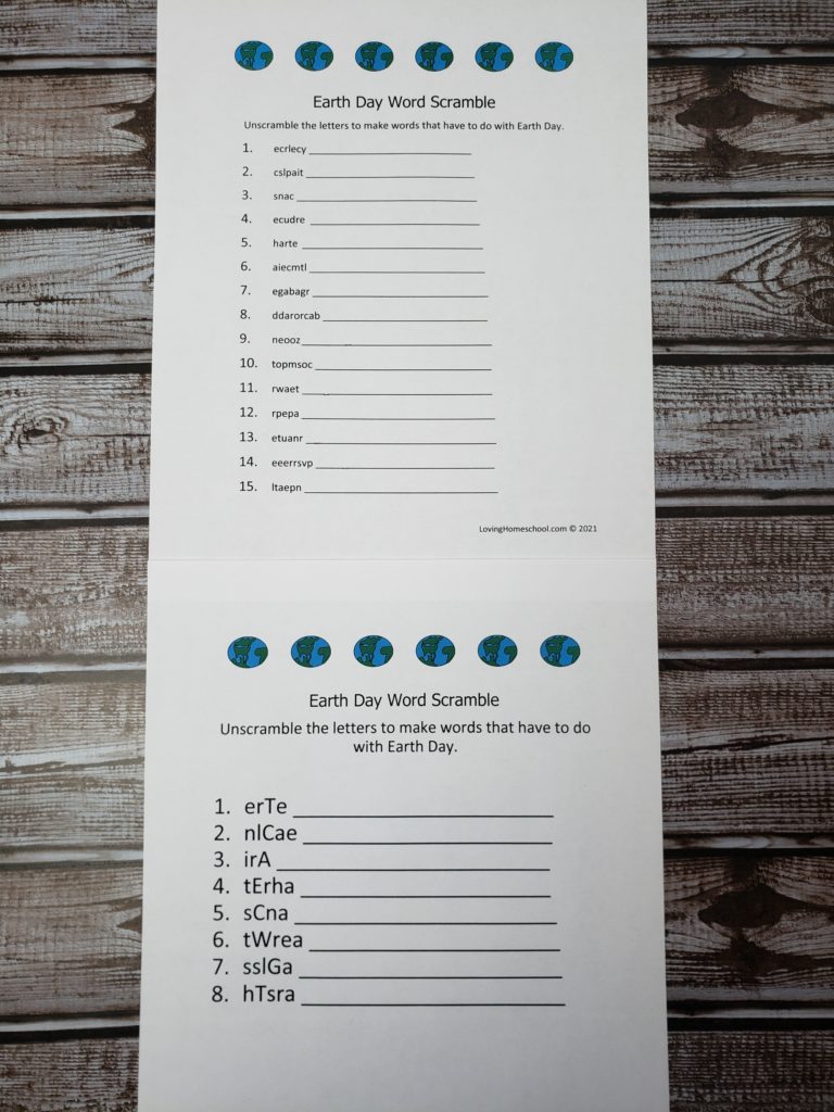 Earth Day Word Scramble in 2 levels