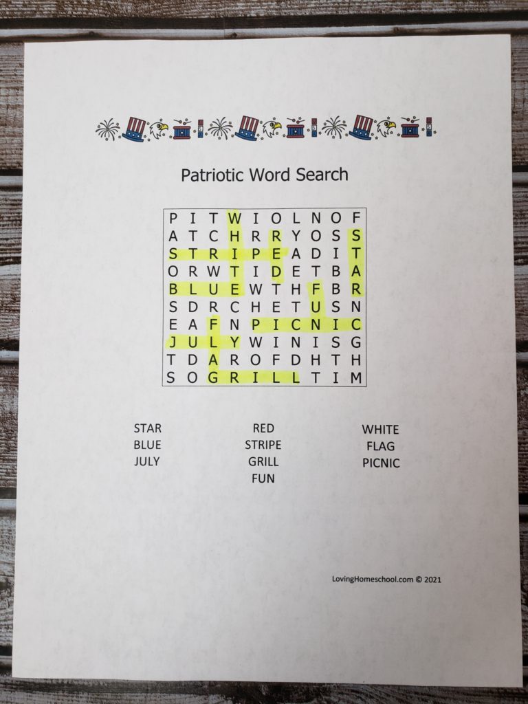 Patriotic Word Search for younger kids with answers highlighted