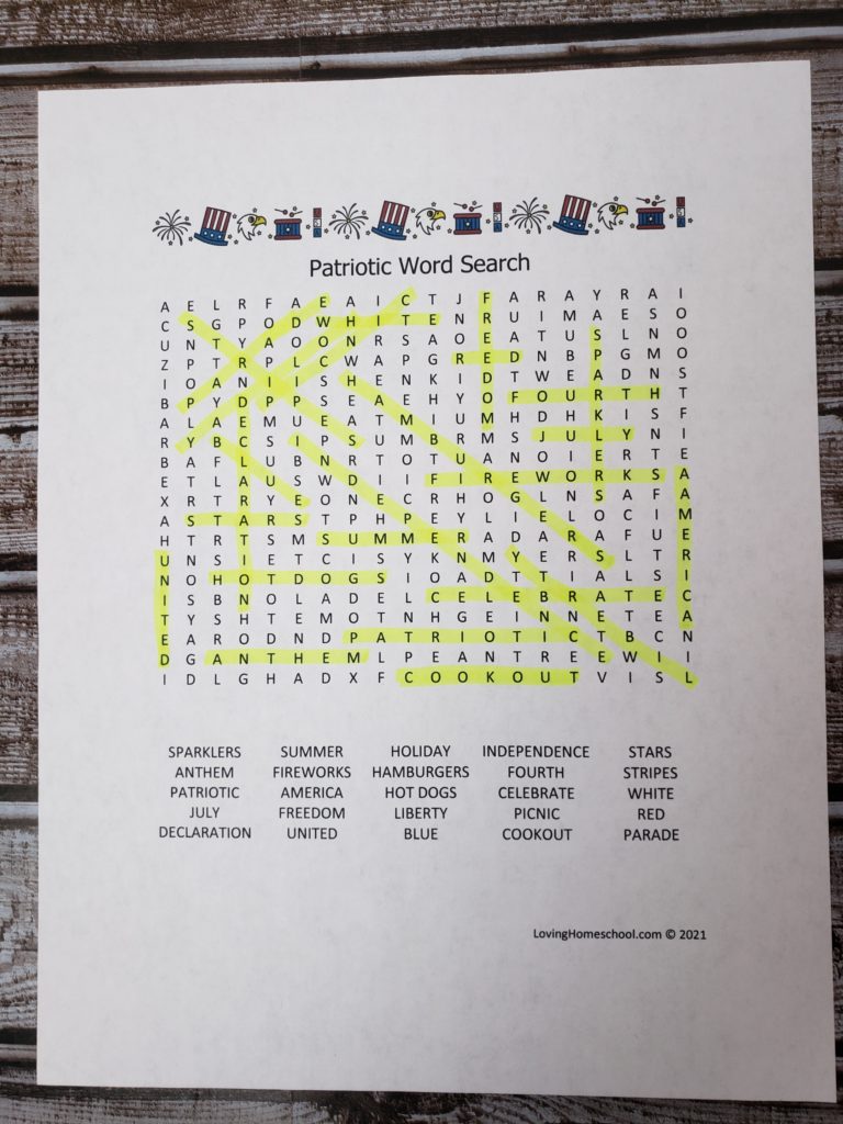 Patriotic Word Search for older kids with answers highlighted