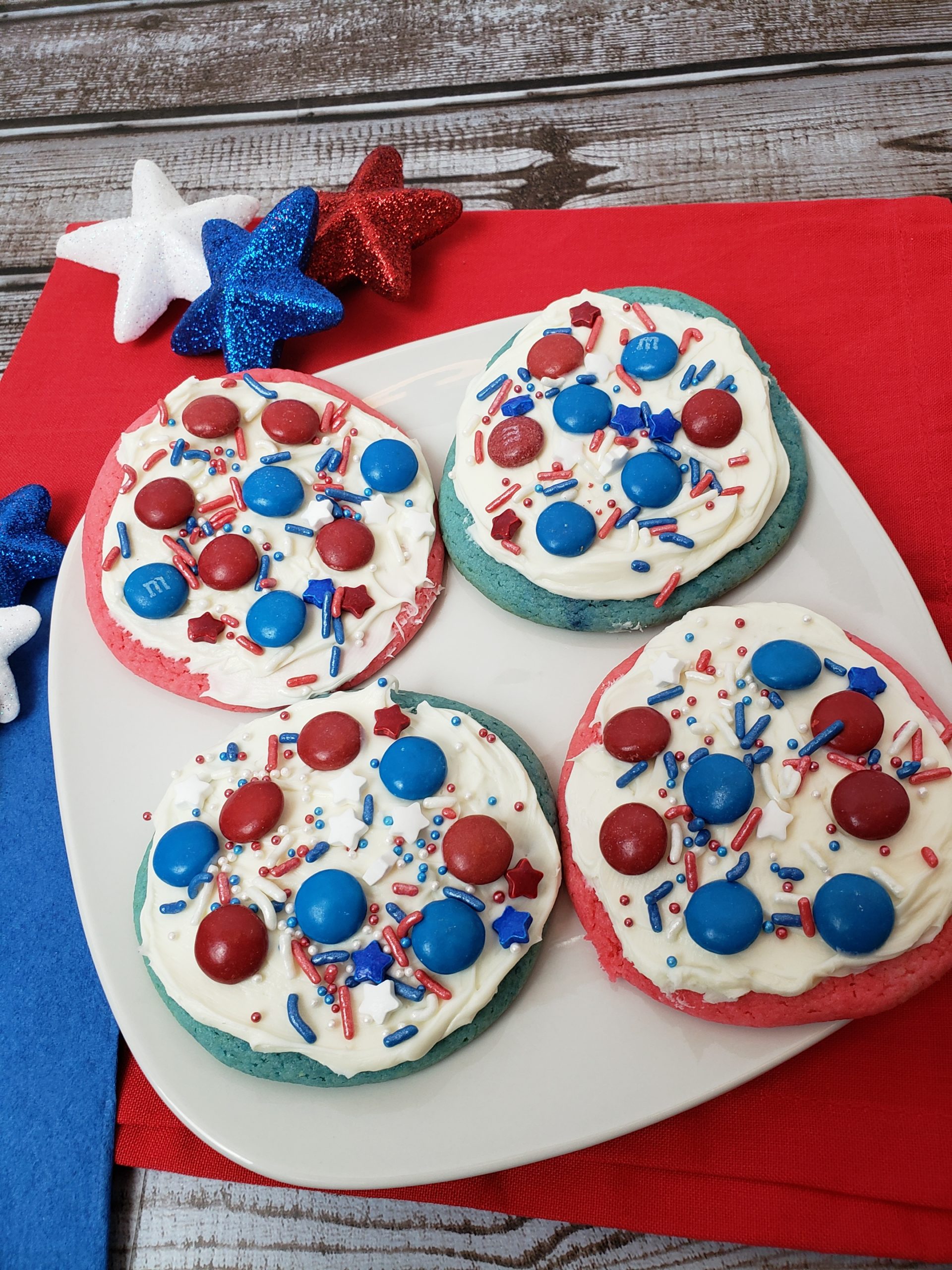 Easy Patriotic Cookies on white plate and holiday decorations
