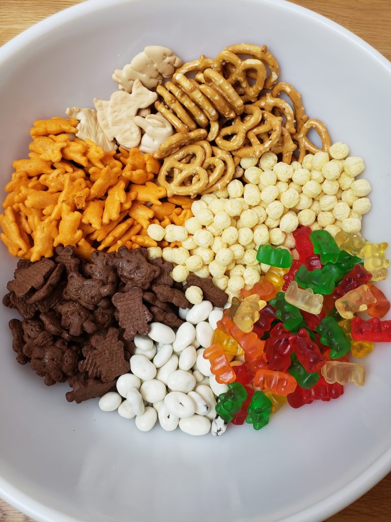 Zoo Trail Mix in mixing bowl